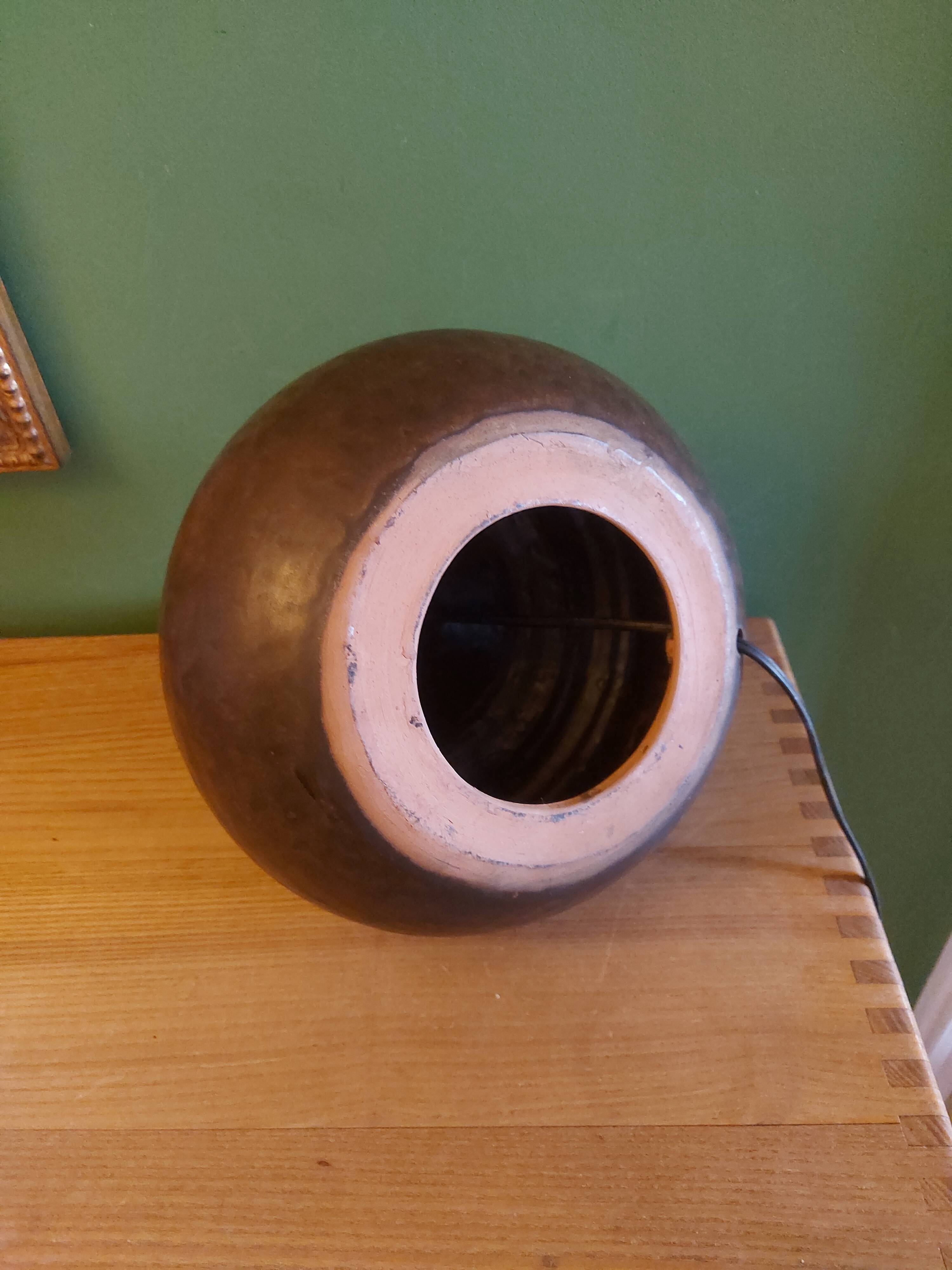 Ceramic (sandstone) lamp from the 50s, 60'S with silk lampshade
