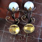 Pair of floral wall lamps by Ferro Arte, Gold leaf and opaline, Spain, 1960