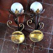 Pair of floral wall lamps by Ferro Arte, Gold leaf and opaline, Spain, 1960