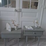 Duo of bedside tables, vintage mismatched verdigris end tables.