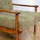 Wooden vintage brown armchair, olive green, long pile on removable cushions