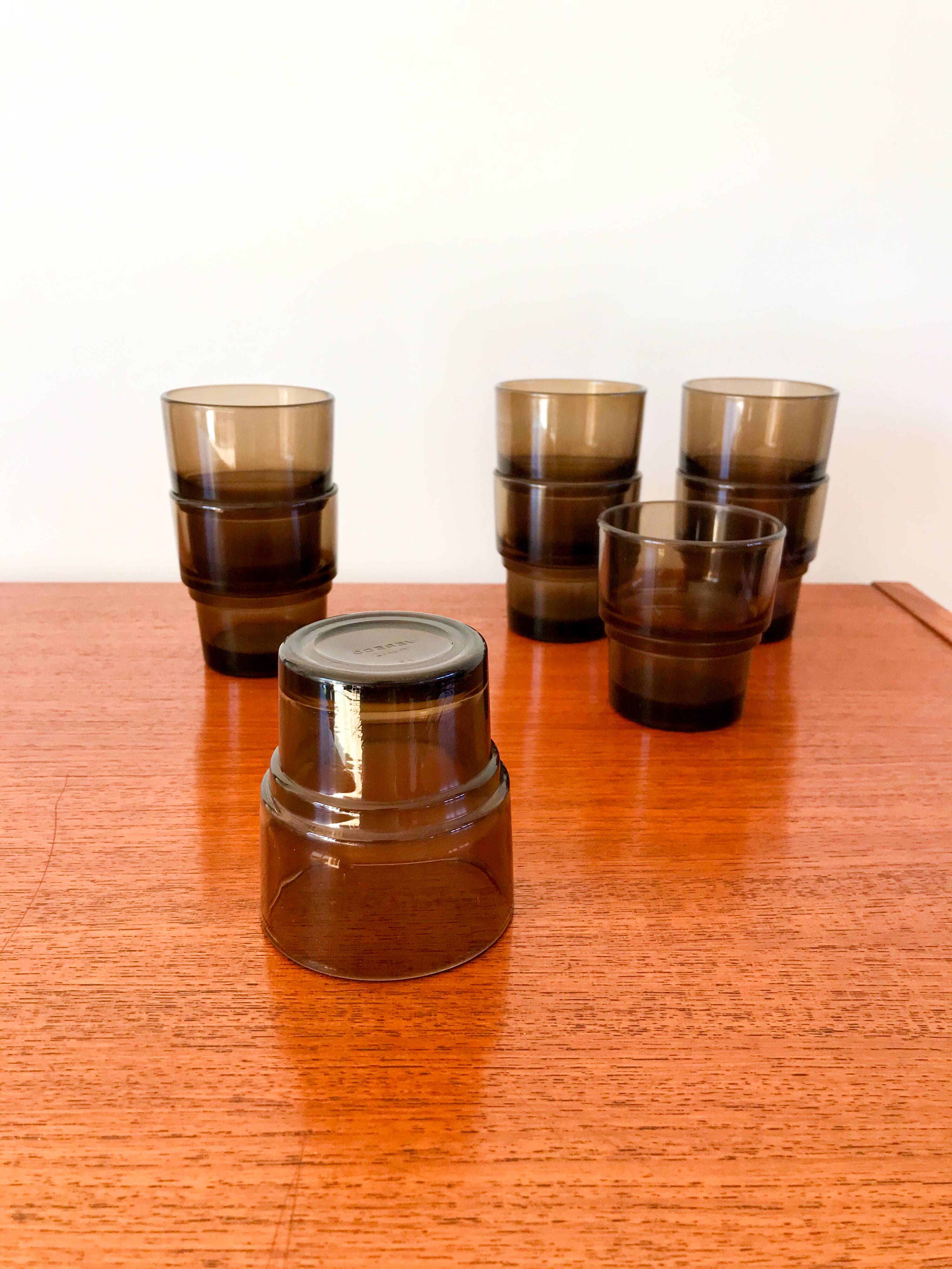 set of 8 Vereco smoked glass glasses Made in France 1970s