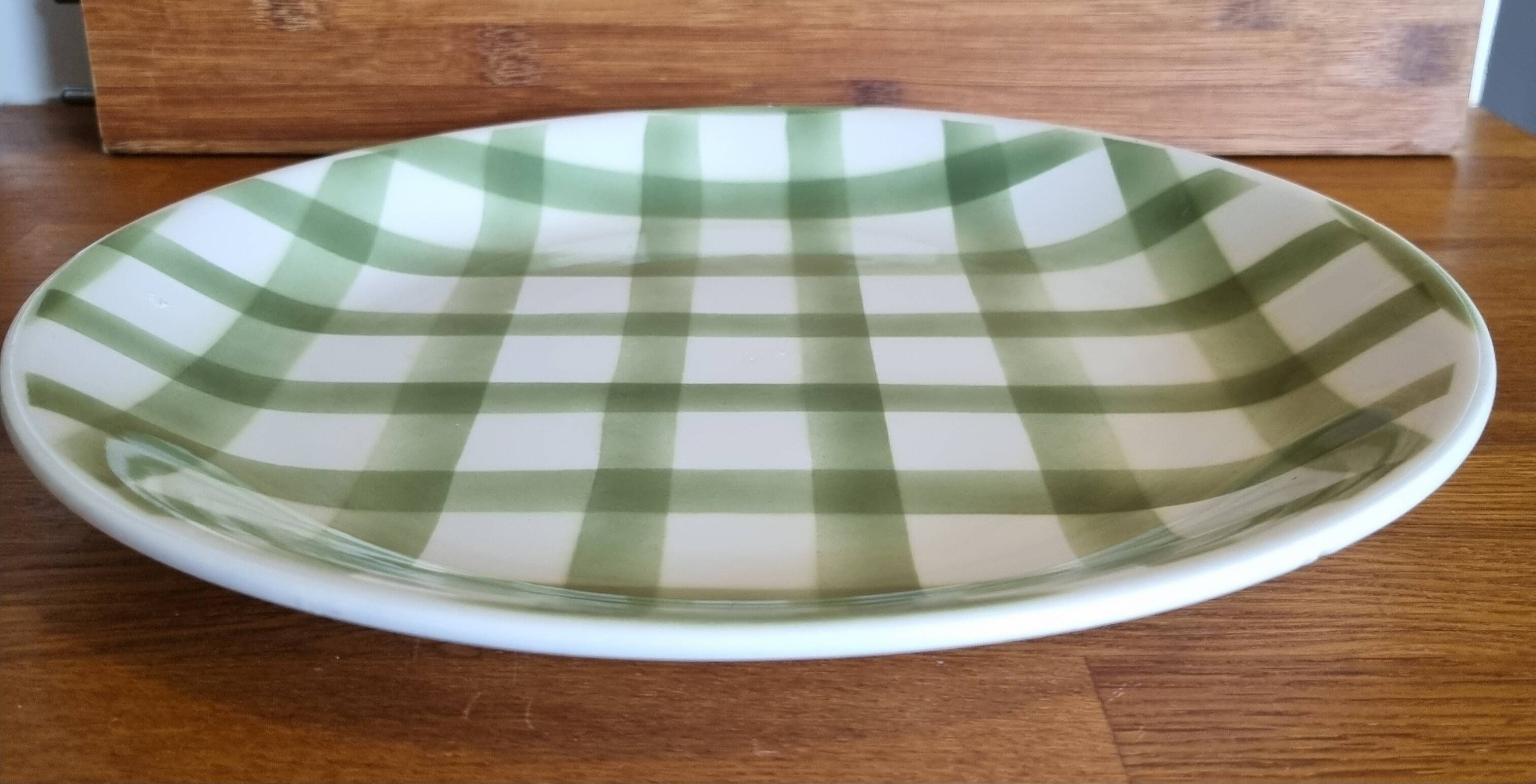 Large round vintage serving platter Vichy green check pattern