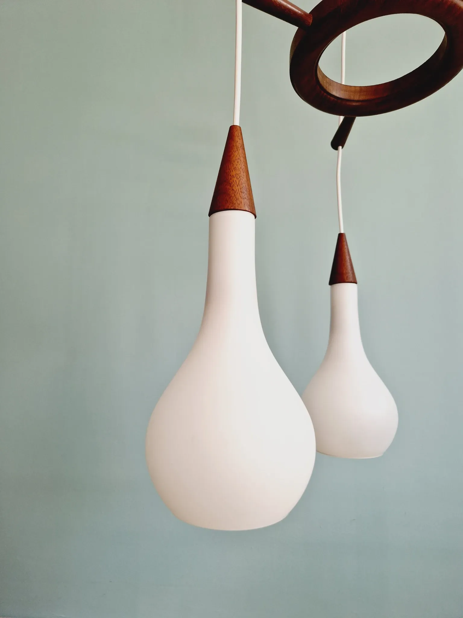 Scandinavian teak and satin white glass chandelier, 1960