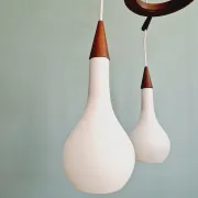 Scandinavian teak and satin white glass chandelier, 1960