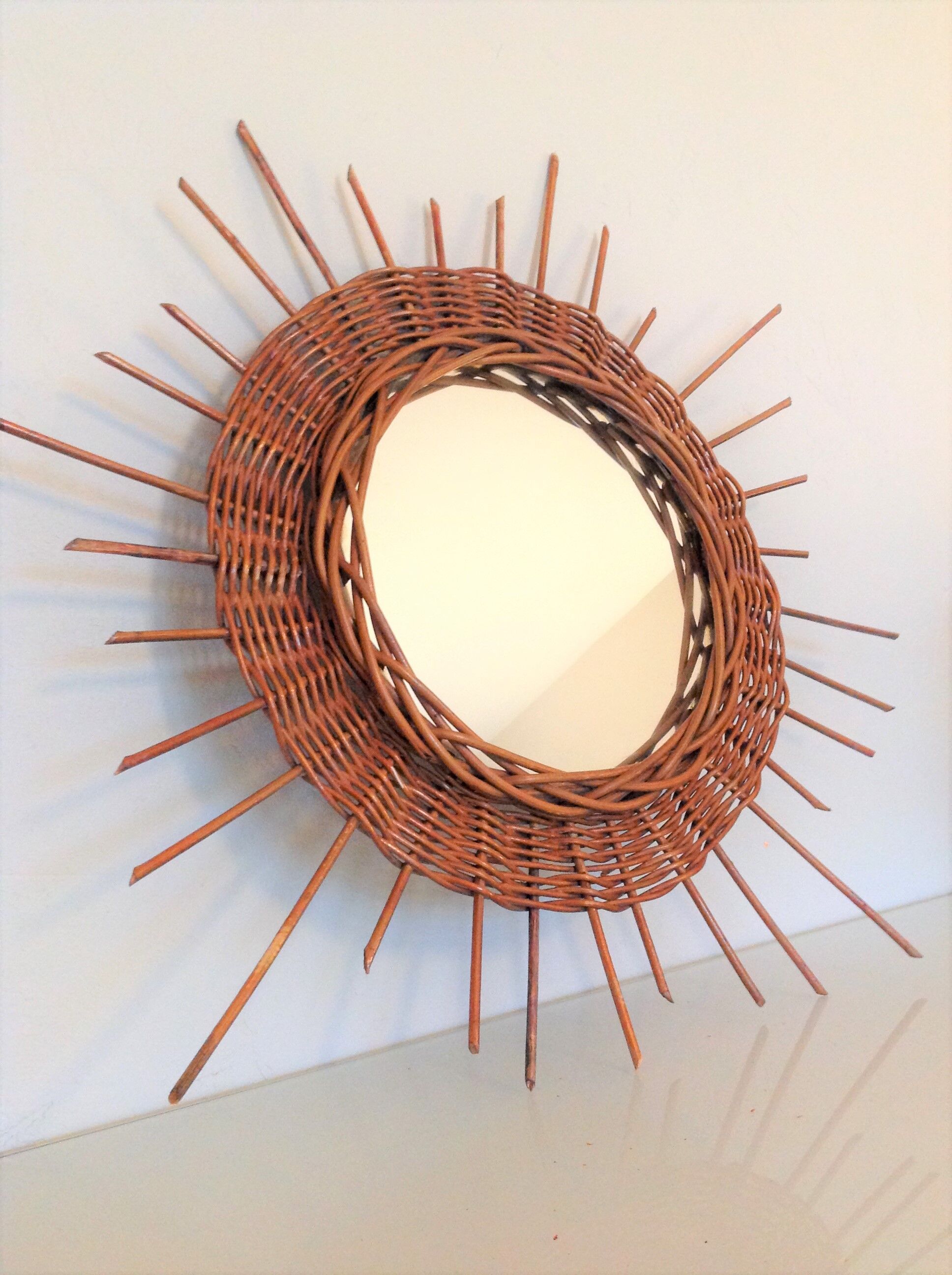 Wicker sun mirror 36 cm/ vintage 60s-70s
