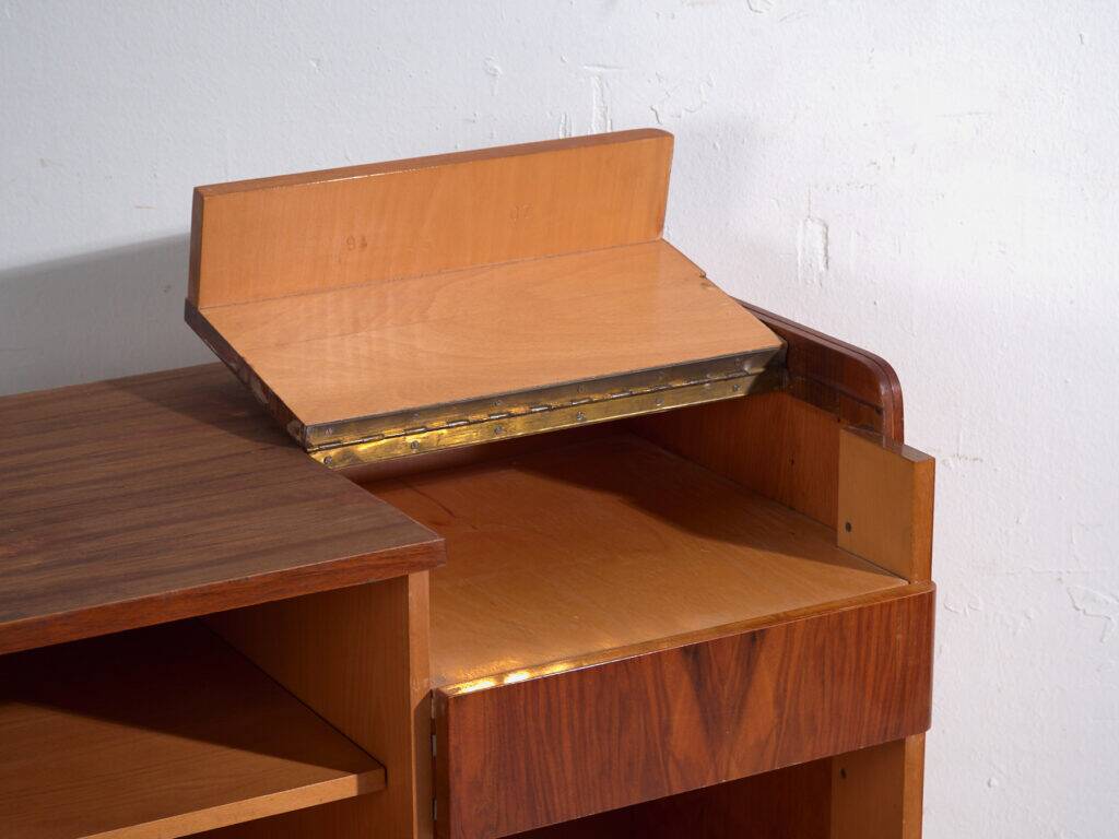 Mid-century walnut veneer sideboard with triangular handles – Czechoslovakia, circa 1960