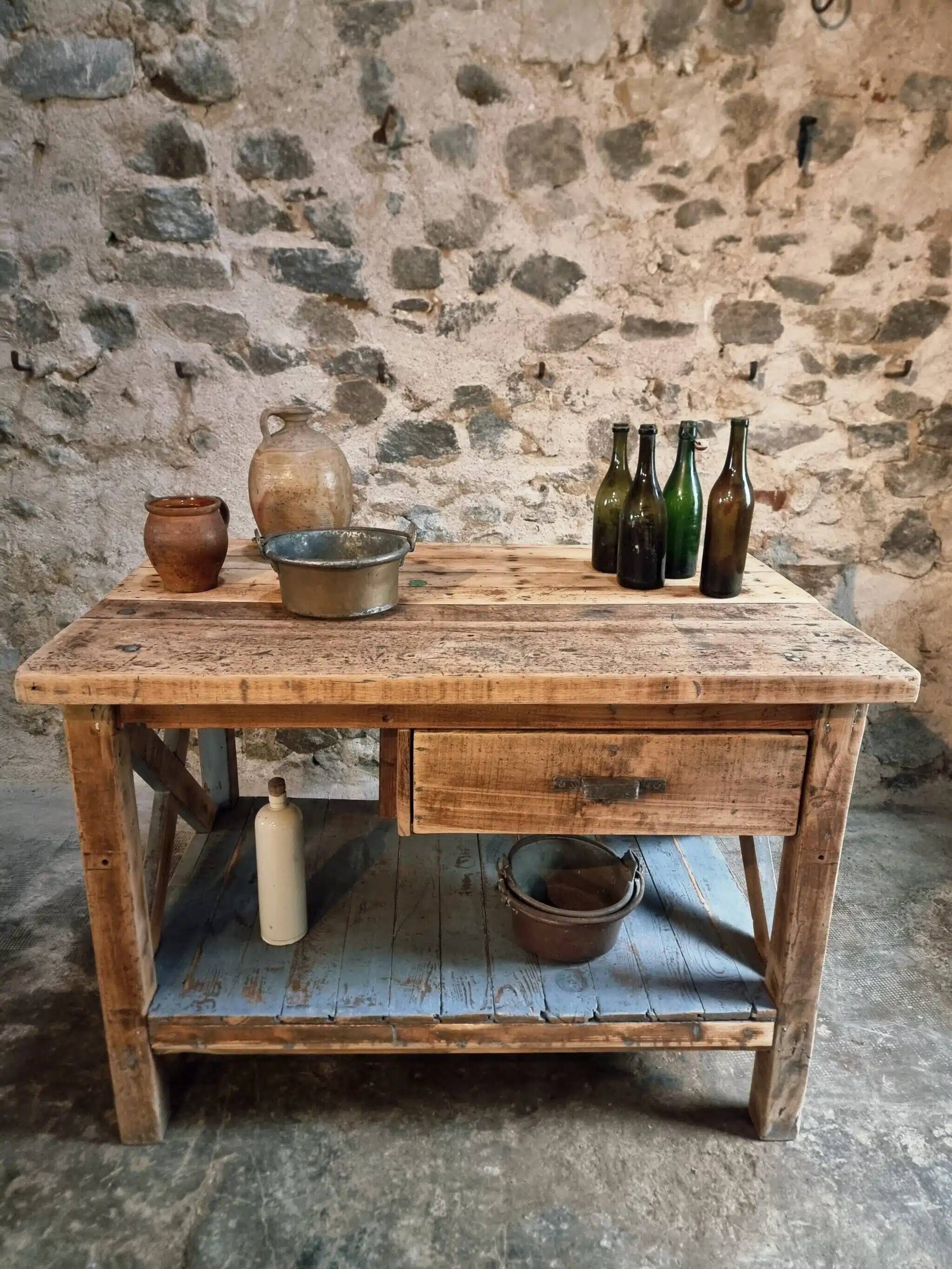 Vintage French industrial workbench – 1920s/1930s oak and pine table with drawer