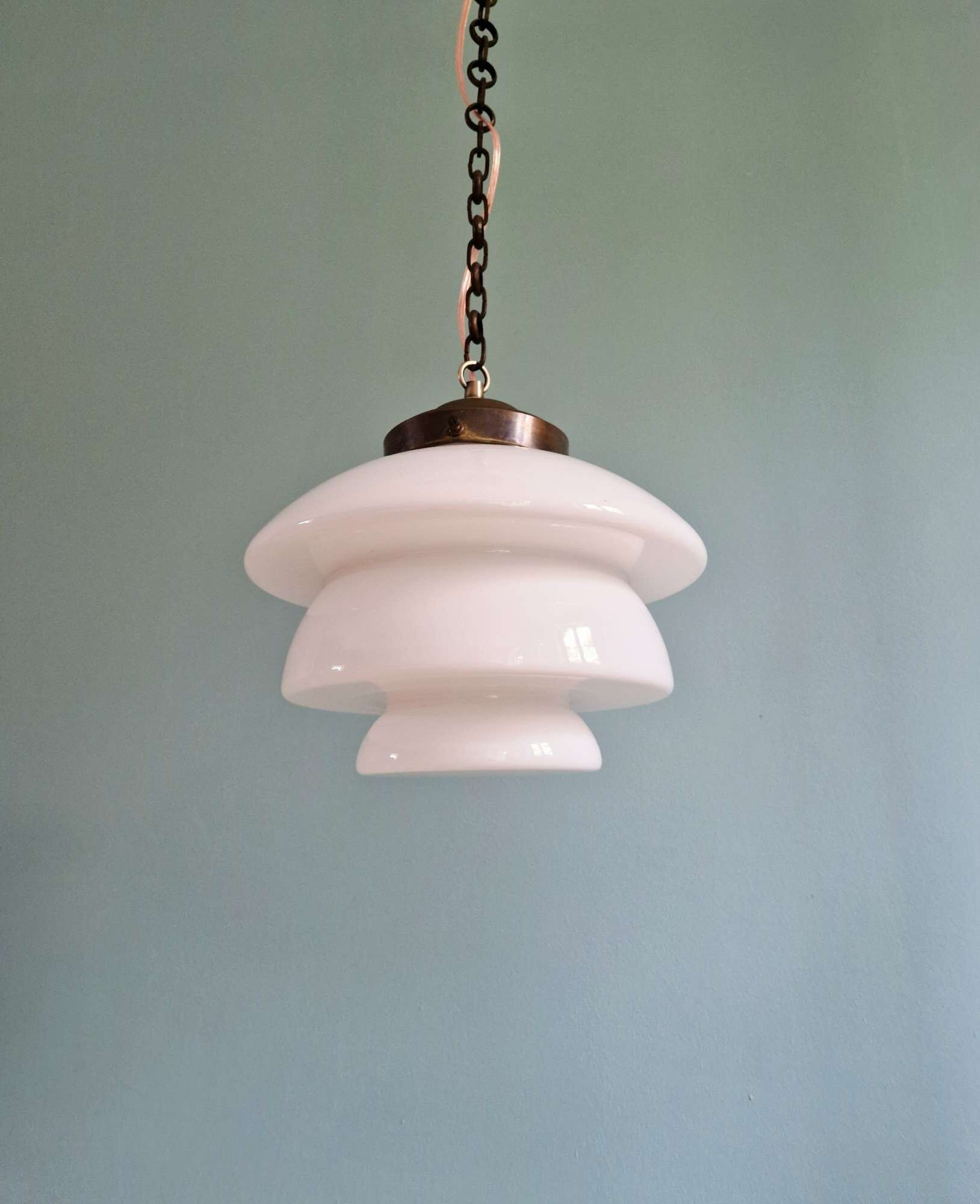 Art Deco pendant light in white opaline and copper frame, 1920s-30s