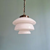 Art Deco pendant light in white opaline and copper frame, 1920s-30s