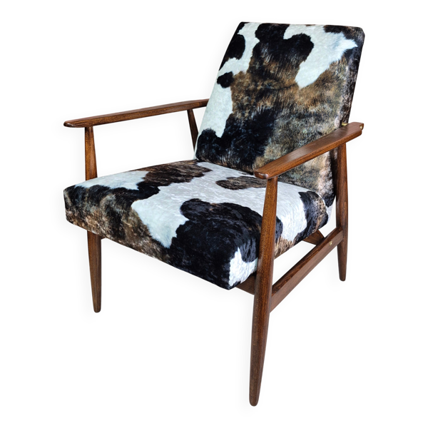 Fauteuil des années 60 restauré par Henryk Lis - Velours en cuir de vache.