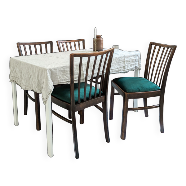 Lot de 4 chaises vintage bois brun, assise verte, style années 50