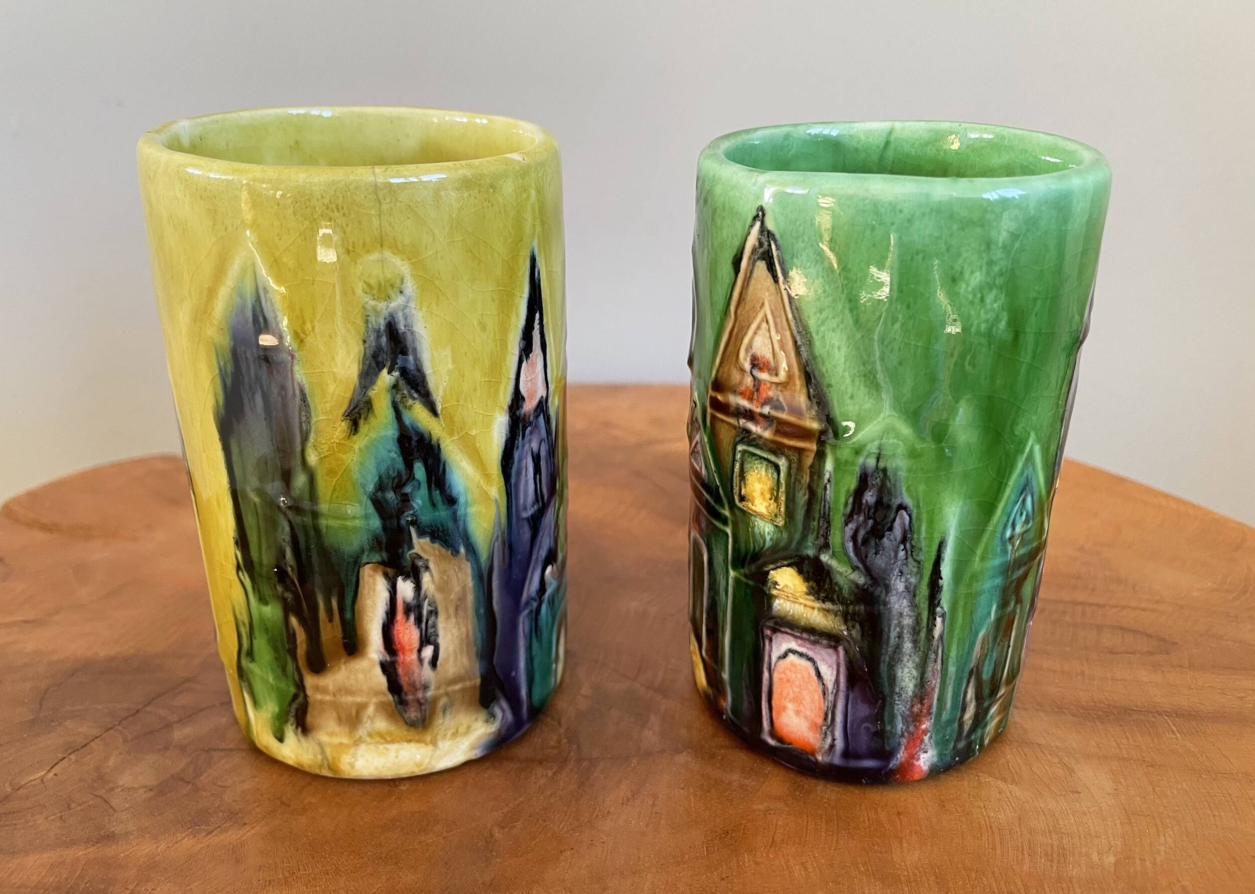 Paire de vases en céramique modernistes elio schiavon, paysage urbain sur les toits d’horizon, poterie italienne des années 1960