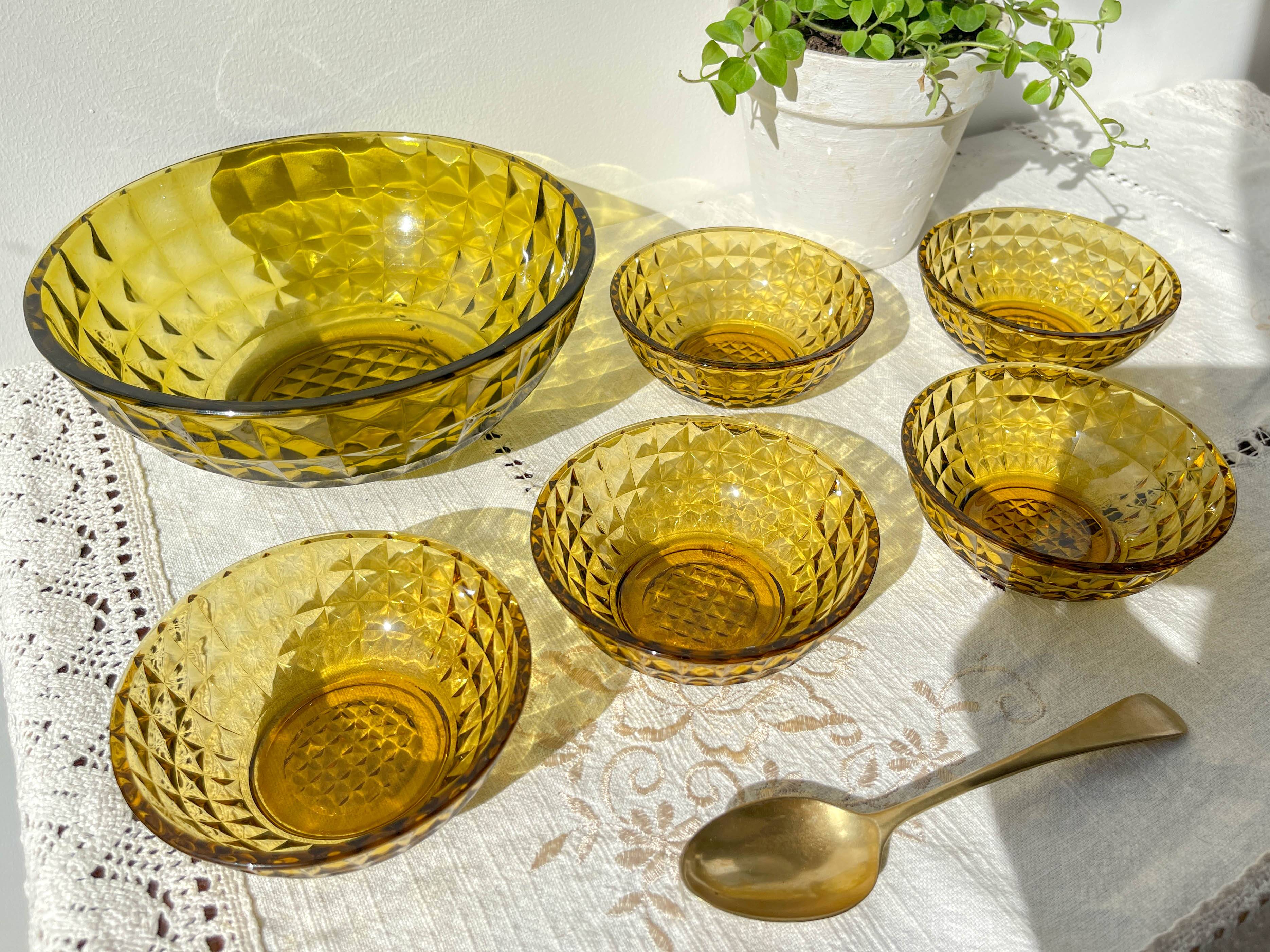 Vintage Amber Glass Dessert Set - 1 Salad Bowl + 5 Matching Bowls