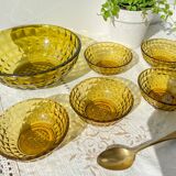 Vintage Amber Glass Dessert Set - 1 Salad Bowl + 5 Matching Bowls