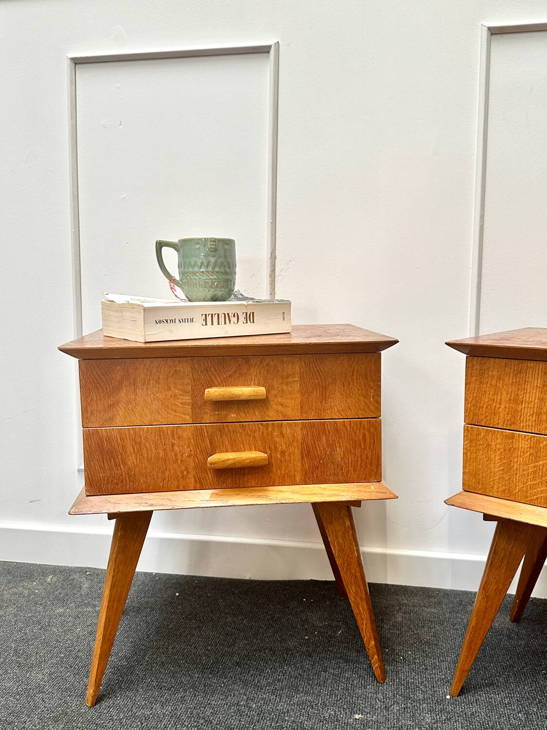 Pair of bedside tables with compass legs