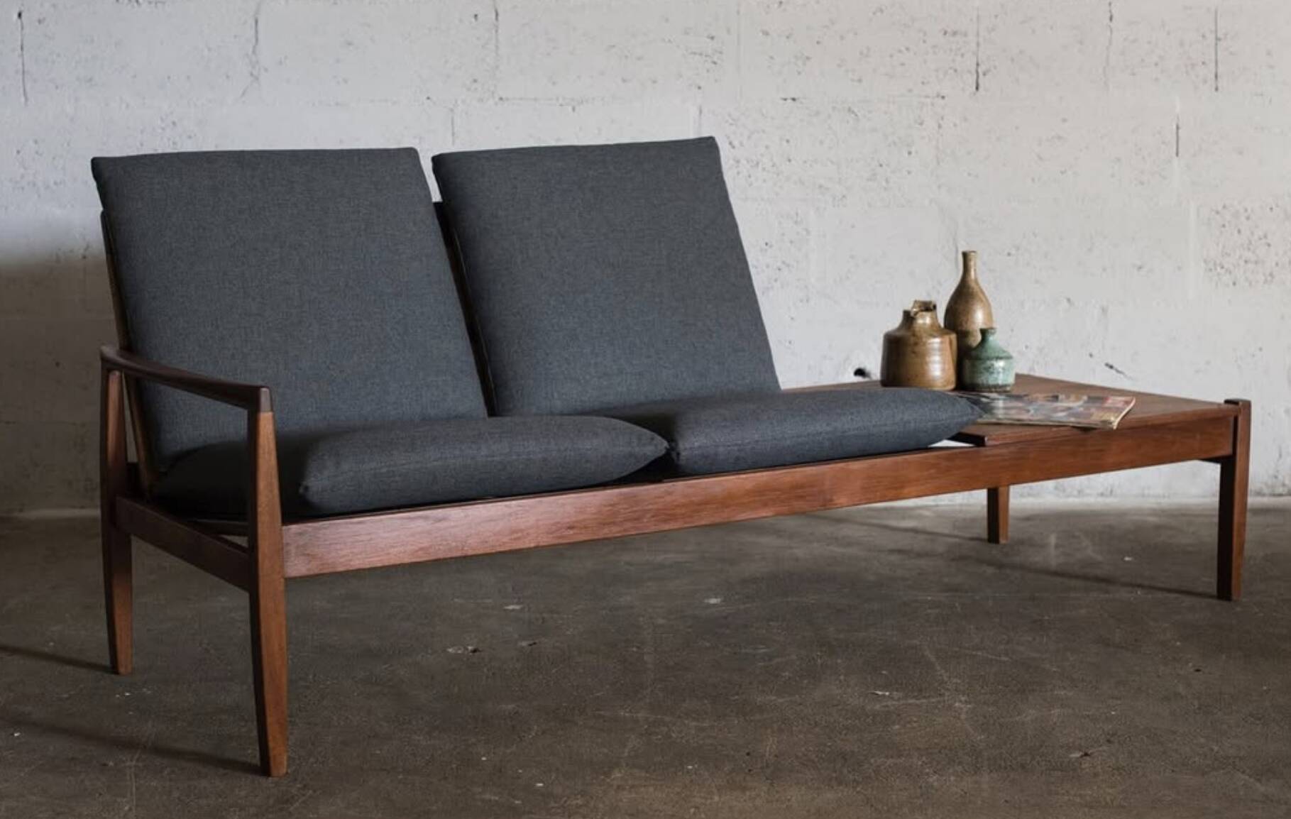 Hans Olsen 2-seater bench Juul Kristensen edition in teak and rattan