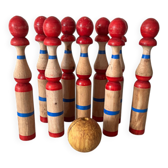 Wooden bowling game with ball, antique toy