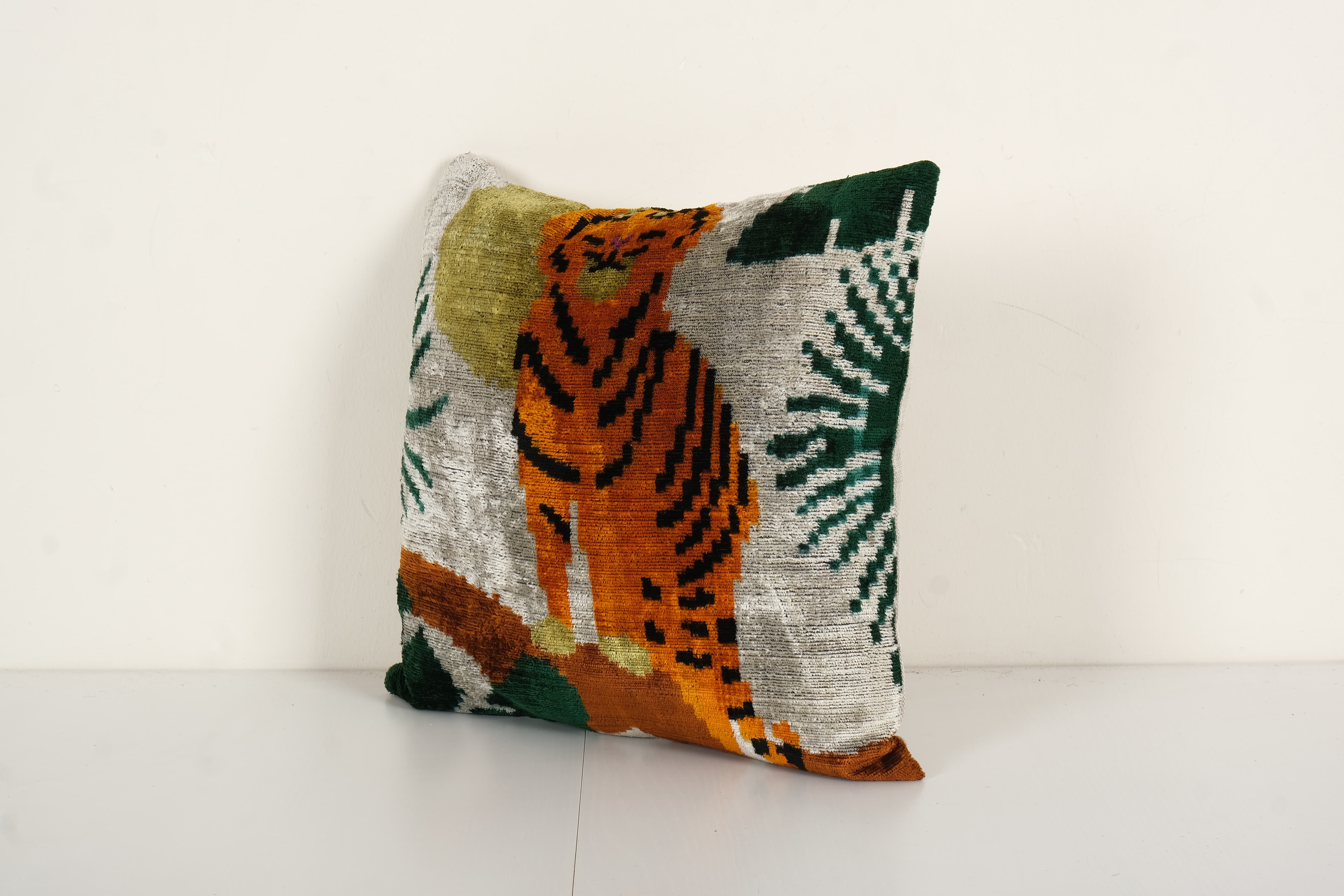 Square Silk Tiger Ikat Velvet Pillow, Yellow Animal Pattern Ethnic Cushion, Handloom Ethnic Pillow