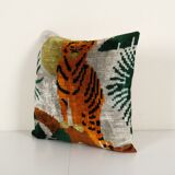 Square Silk Tiger Ikat Velvet Pillow, Yellow Animal Pattern Ethnic Cushion, Handloom Ethnic Pillow