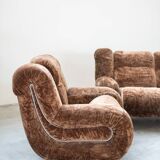 Living room set, 3-seater sofa and 2 armchairs in beige chenille, 1970s