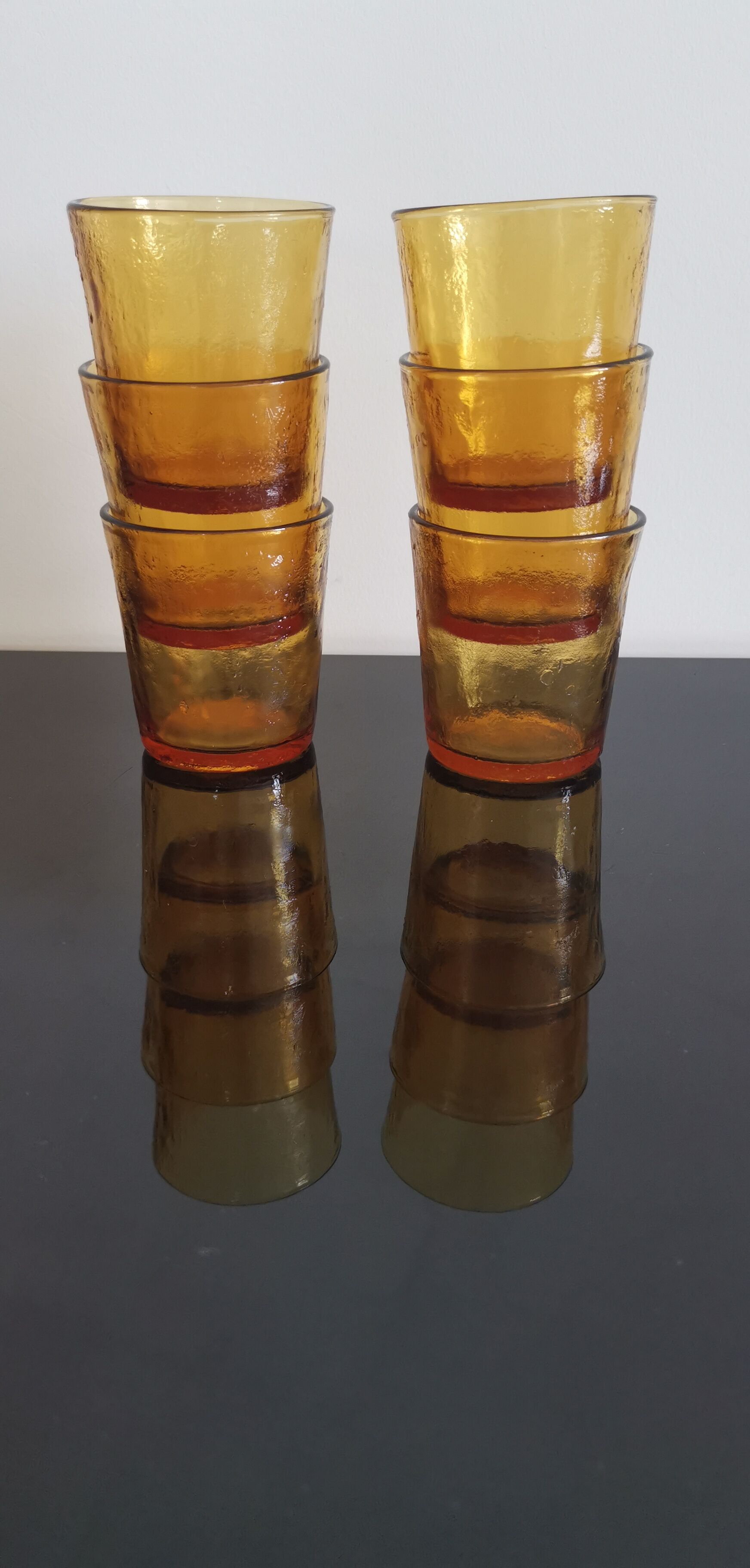 6 old amber colored glasses "lever" year 1970