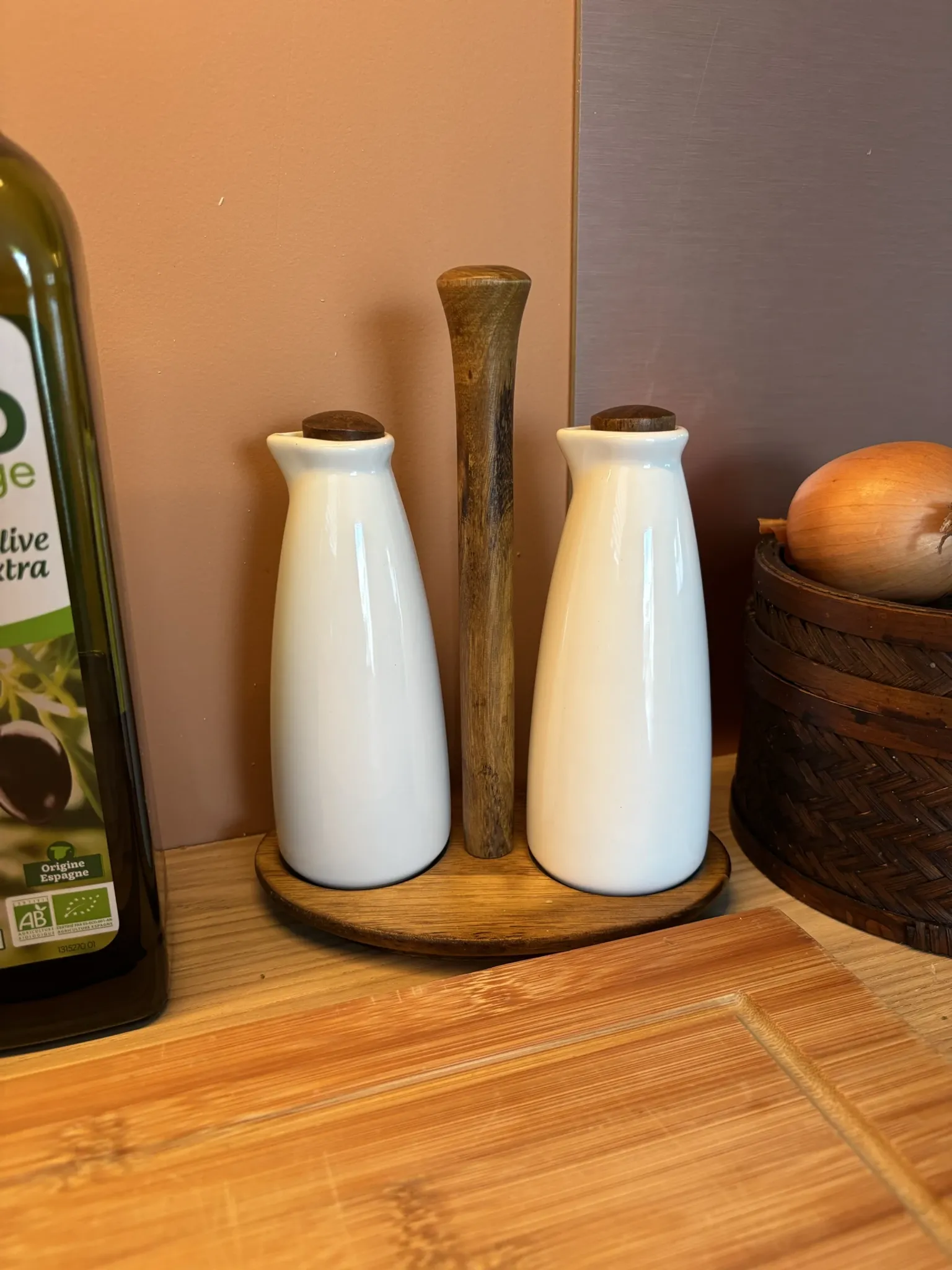 Ceramic white and wood oil and vinegar dispenser