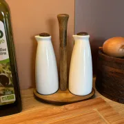 Ceramic white and wood oil and vinegar dispenser