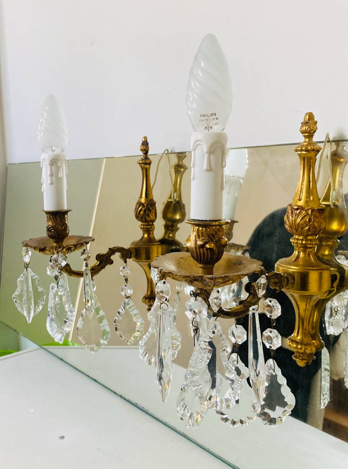 St Louis XV wall lights in gilded bronze with pendants from the mid-20th century.