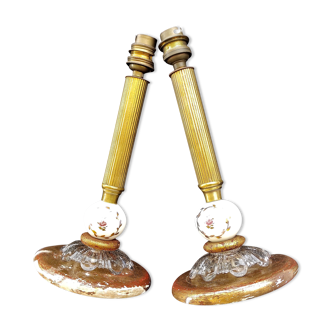 Lamp foot in golden wood and painted opaline ball of a pair