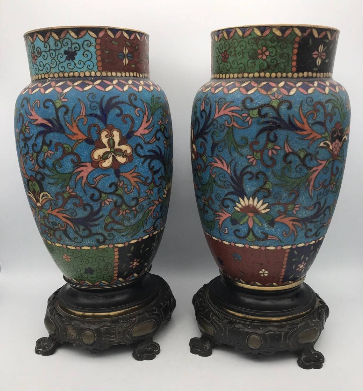 PAIR of Cloisonné Ceramic VASES, Floral Decoration, Bronze Base