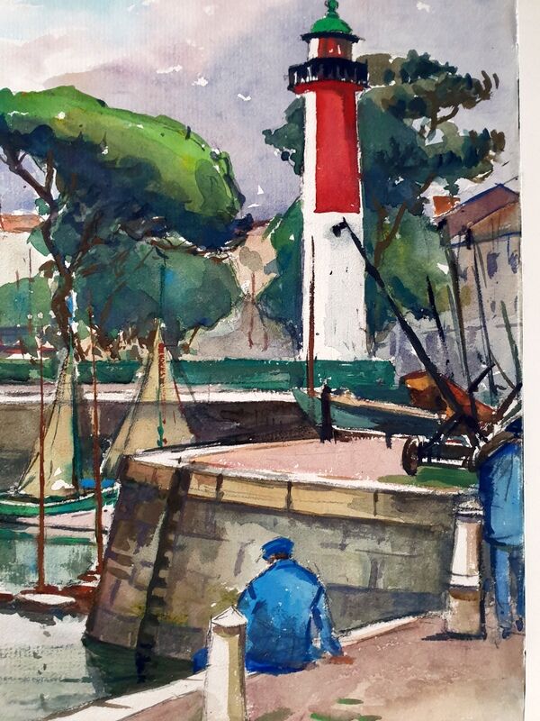 André Duculty (1912-1990) Watercolor on paper "Fishing port in the Mediterranean" Signed below