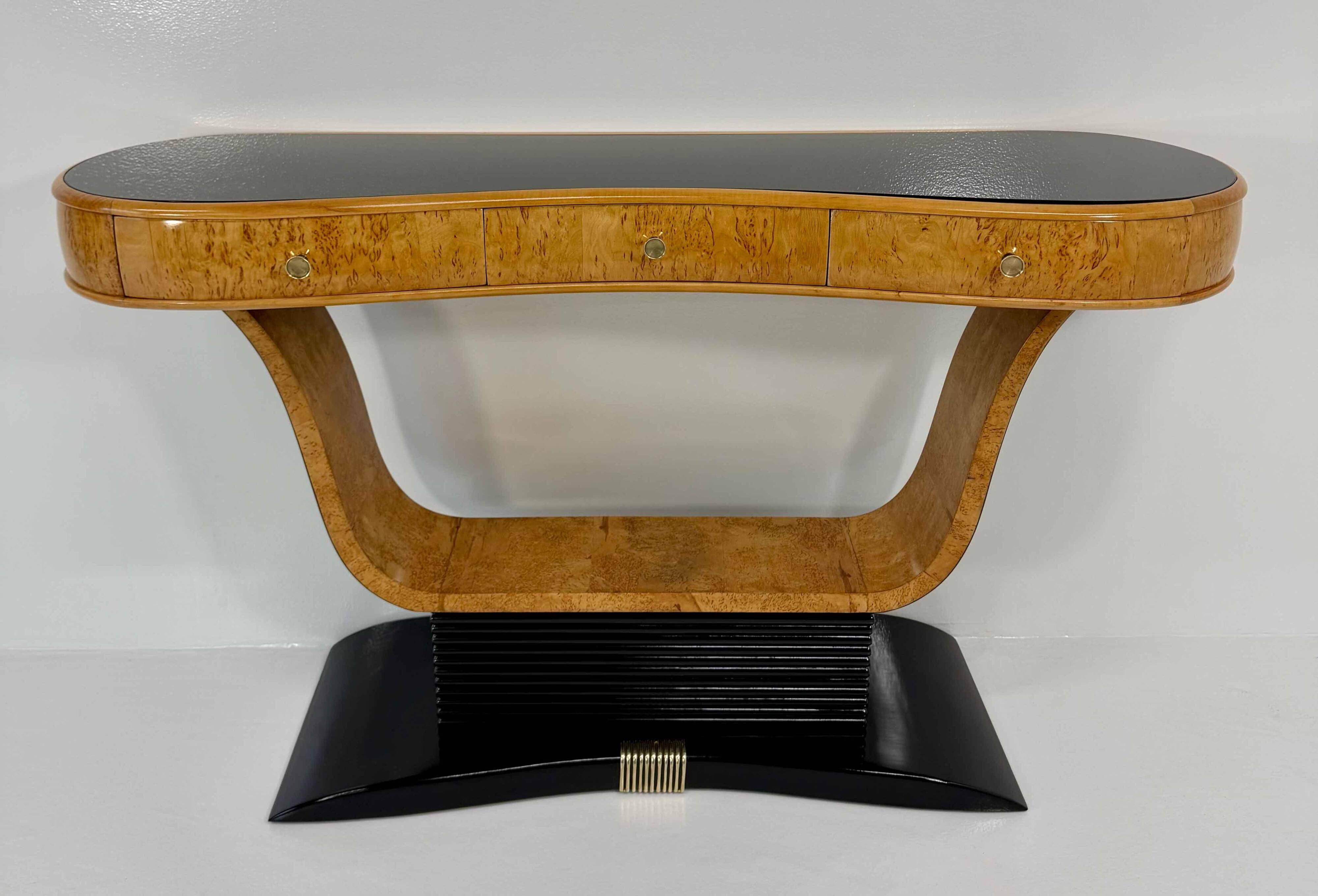 Italian Art Deco Console in Birch Burl and Black Lacquer, Attr. to Borsani, 40s