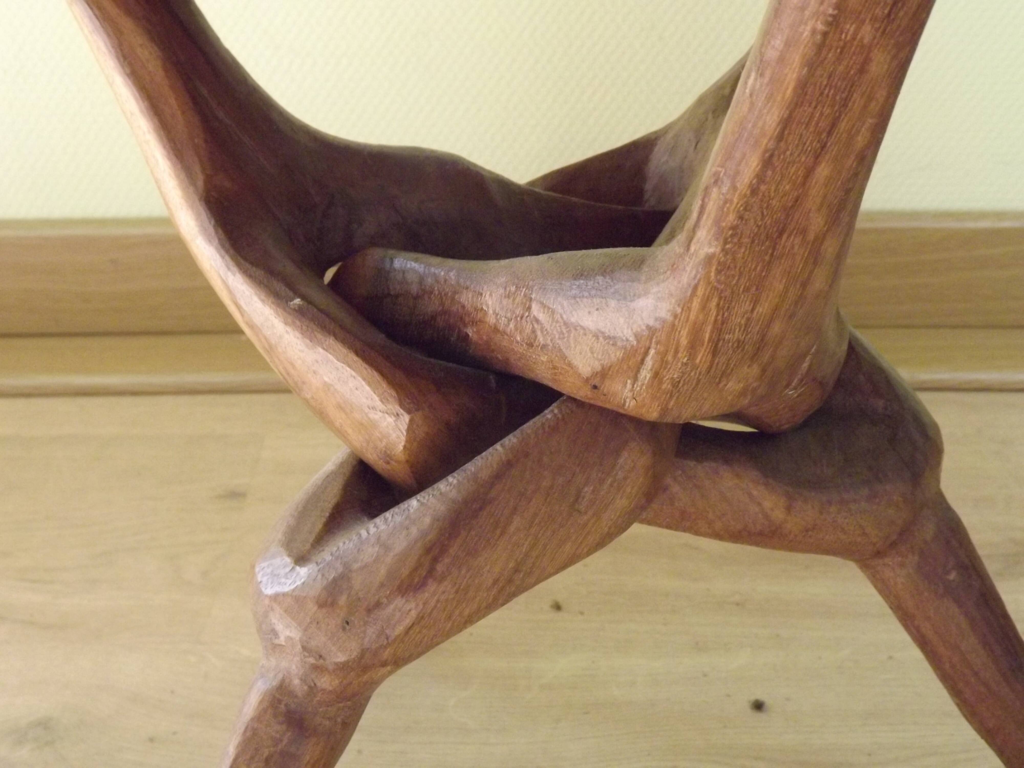 Carved African Hardwood Occasional Table with Geometric Top and Interlocking Legs