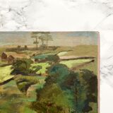 Oil on old cardboard depicting a hilly country landscape