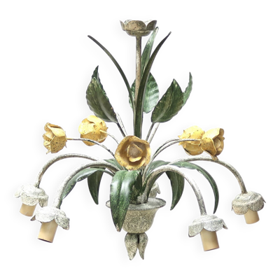 Lustre floral avec fleurs jaunes et feuilles vertes, années 90