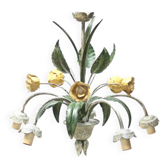 Floral chandelier with yellow flowers and green leaves, 90s