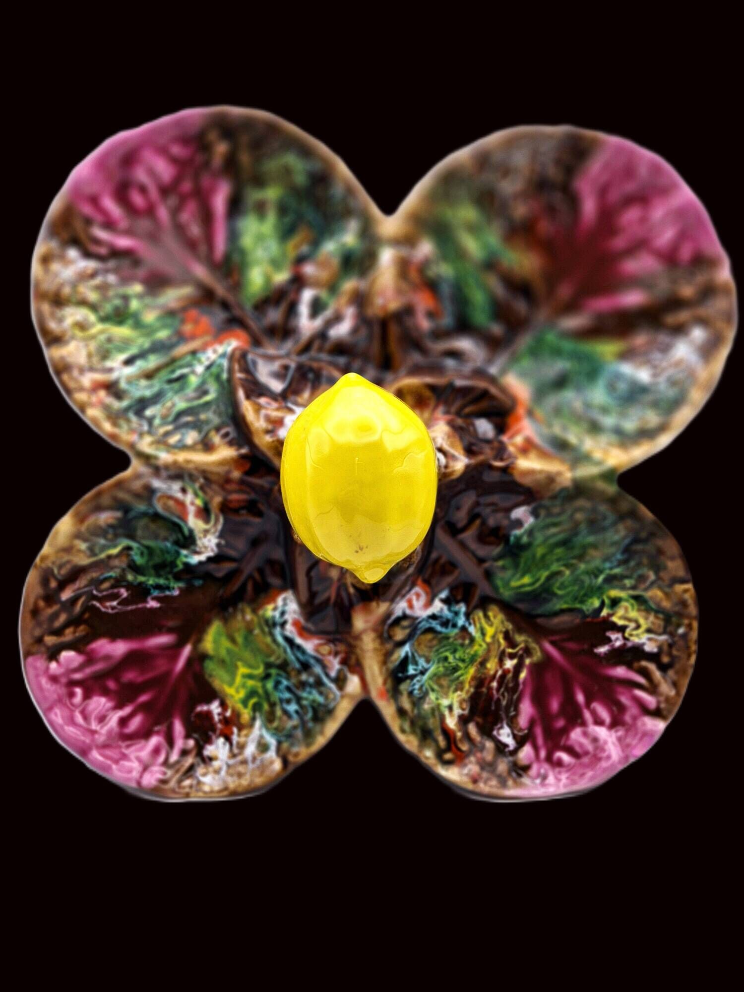 Vintage Vallauris A.M. plate – quadrilobed enamelled bowl with lemon – 50s