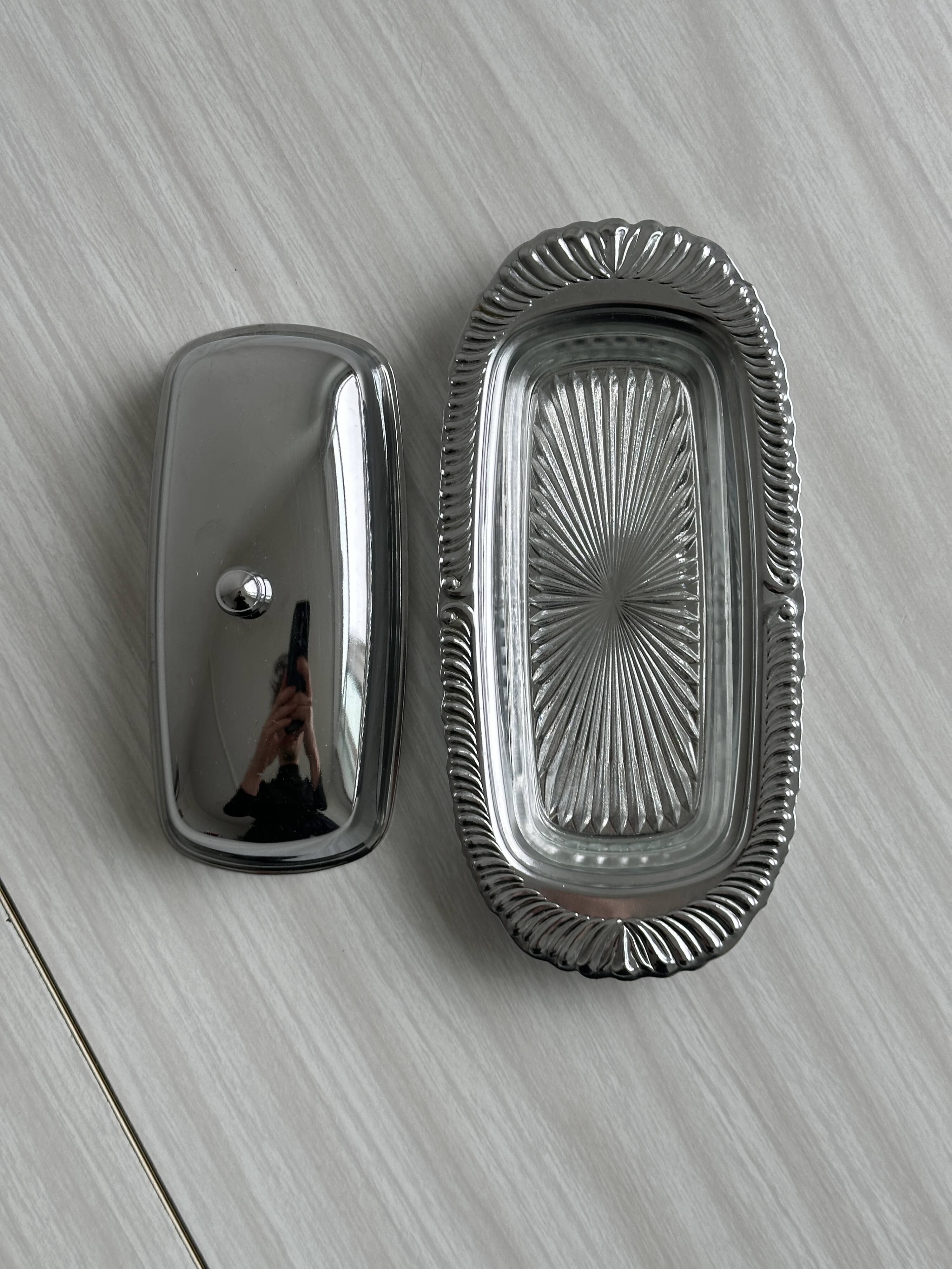 Metal butter dish with glass tray