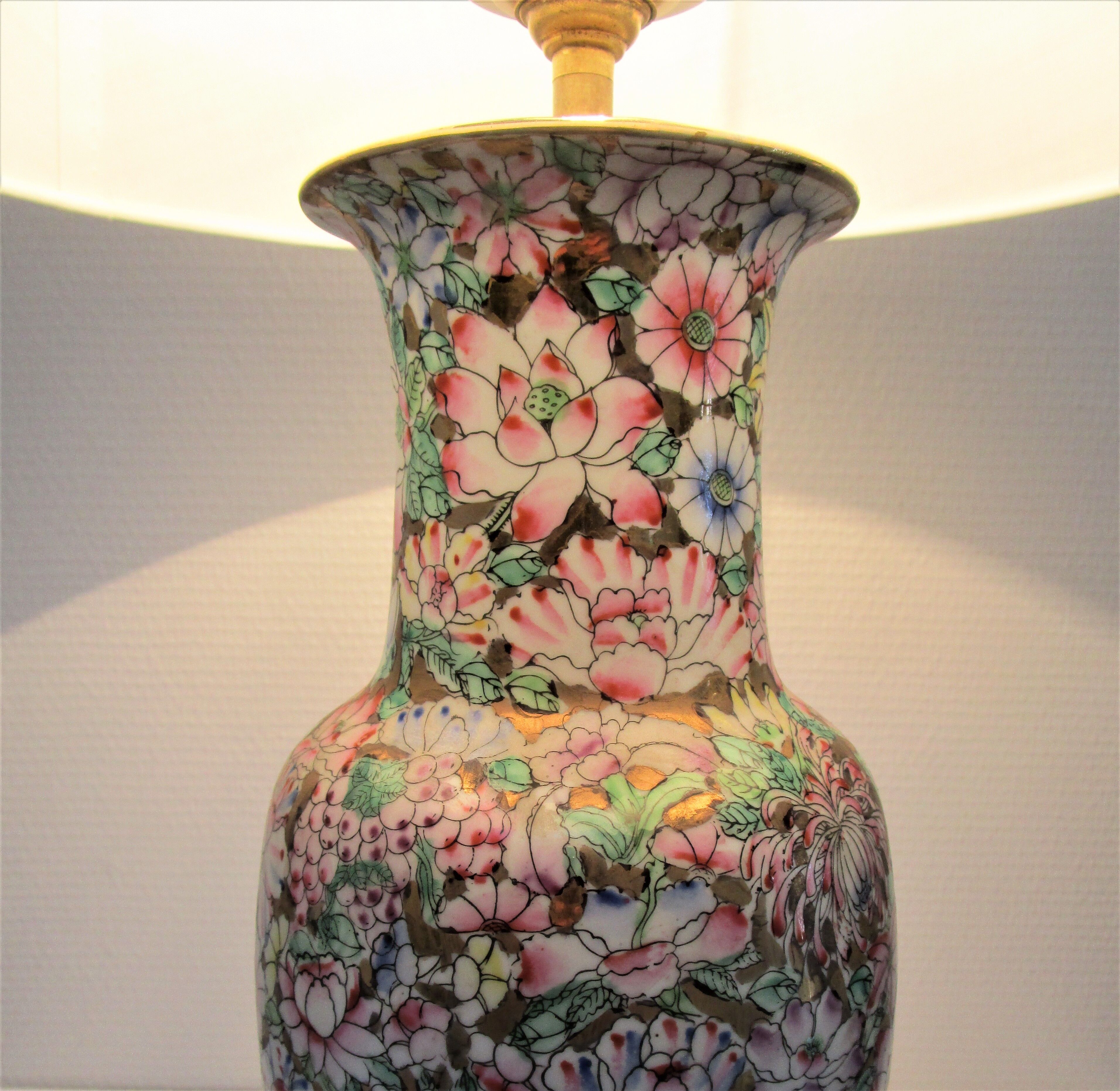 Chinese porcelain lamp foot with polychrome decoration of vintage flowers