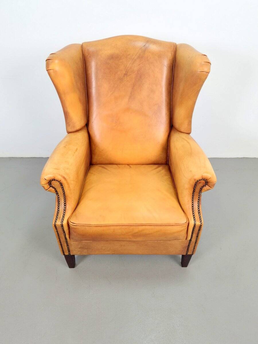 Vintage Sheepskin Leather Wing-Back Chair, 1970s