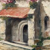 Huile sur panneau R. Luvinel ou Luvinet signature à identifier maison fleurs 1932