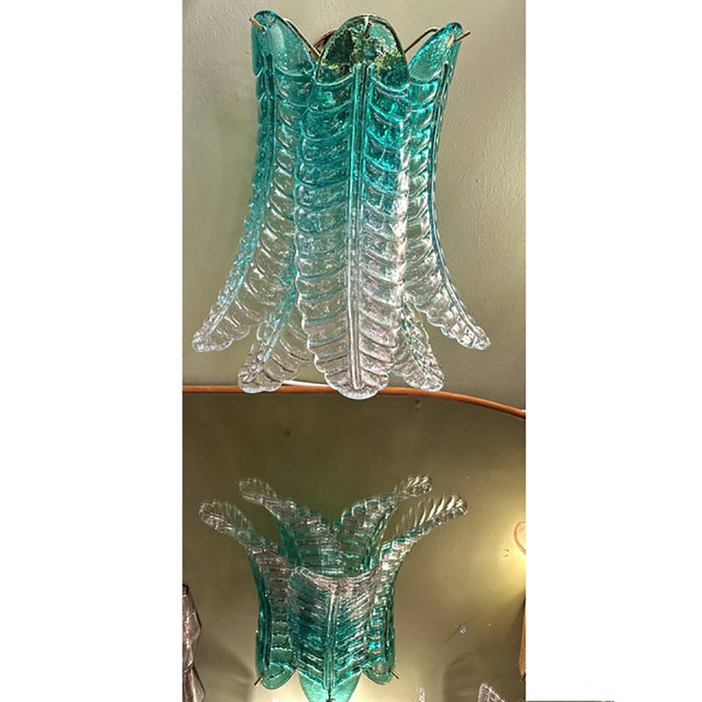 Contemporary Scenographic Set of Two Greeen "Felci" Murano Glass Wall Sconc