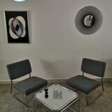 Pair of vintage chrome armchairs and "chicken foot" fabrics