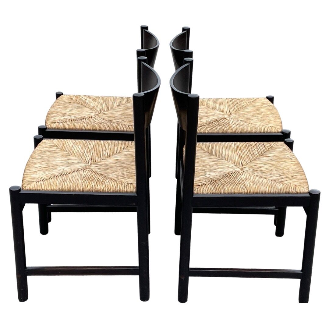 4 vintage dining room chairs with braided seat in wenge wood, 1970s