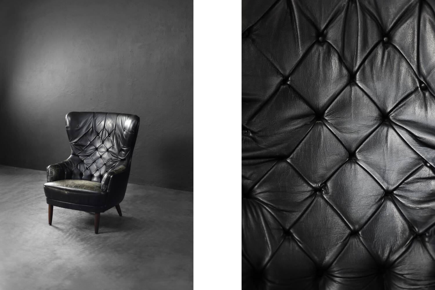 Vintage Danish modern wingback chair in black quilted leather, mid-20th century, 1960s.
