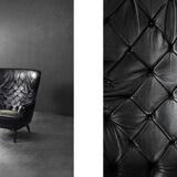 Vintage Danish modern wingback chair in black quilted leather, mid-20th century, 1960s.