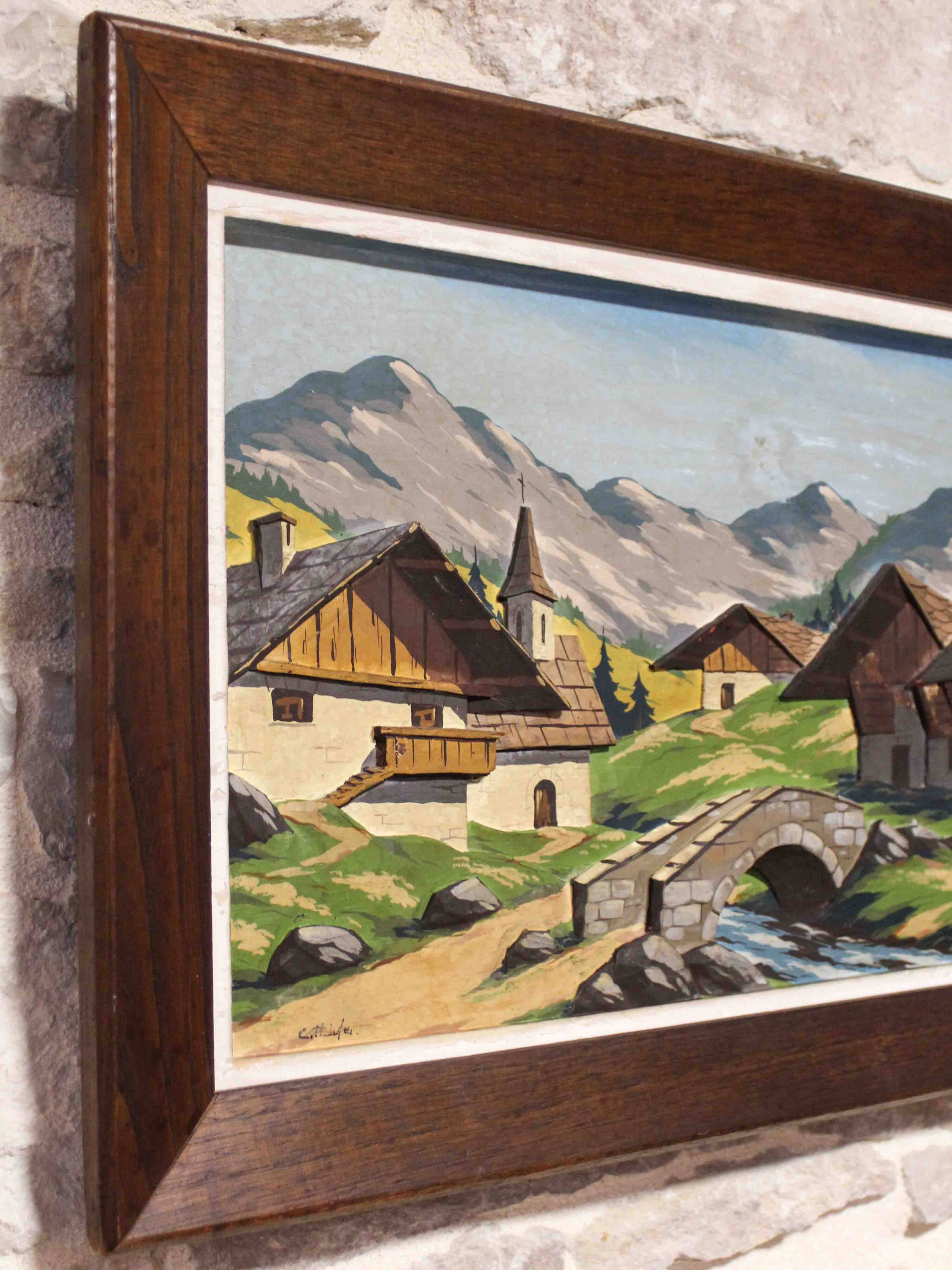 Oil on carved panel in relief, Alpine chalet
