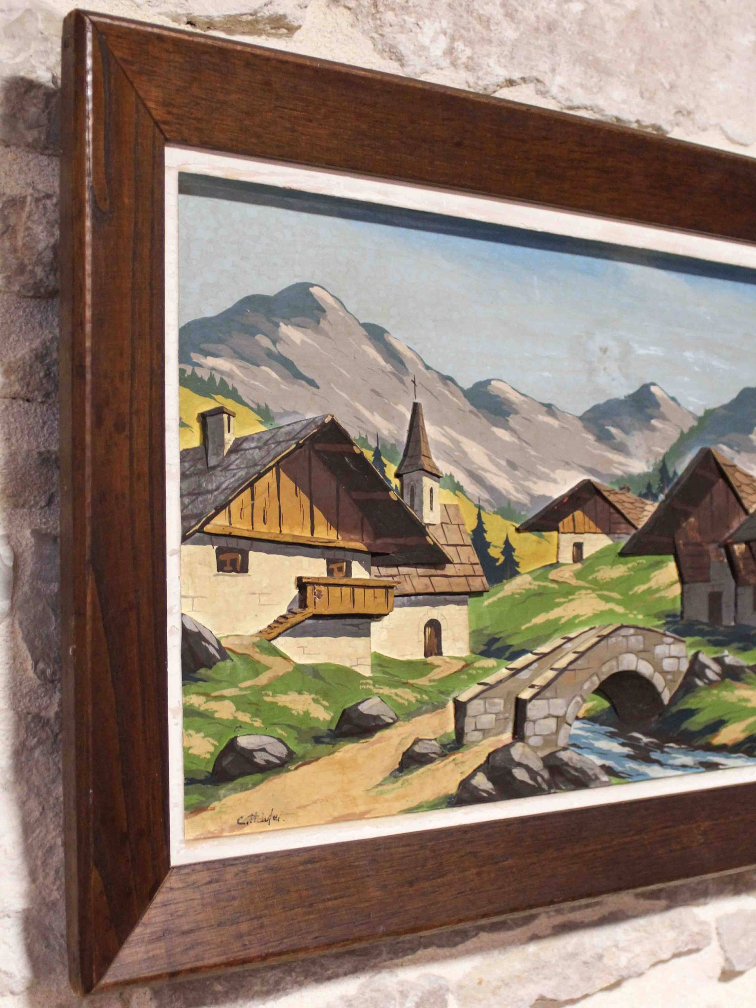Oil on carved panel in relief, Alpine chalet
