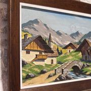Oil on carved panel in relief, Alpine chalet
